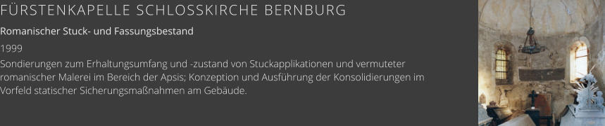 FÜRSTENKAPELLE SCHLOSSKIRCHE BERNBURG Romanischer Stuck- und Fassungsbestand 1999 Sondierungen zum Erhaltungsumfang und -zustand von Stuckapplikationen und vermuteter romanischer Malerei im Bereich der Apsis; Konzeption und Ausführung der Konsolidierungen im Vorfeld statischer Sicherungsmaßnahmen am Gebäude.