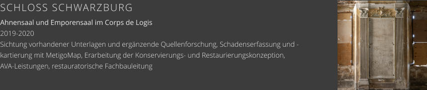 SCHLOSS SCHWARZBURG Ahnensaal und Emporensaal im Corps de Logis 2019-2020 Sichtung vorhandener Unterlagen und ergänzende Quellenforschung, Schadenserfassung und -kartierung mit MetigoMap, Erarbeitung der Konservierungs- und Restaurierungskonzeption, AVA-Leistungen, restauratorische Fachbauleitung