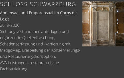 SCHLOSS SCHWARZBURG Ahnensaal und Emporensaal im Corps de Logis 2019-2020 Sichtung vorhandener Unterlagen und ergänzende Quellenforschung, Schadenserfassung und -kartierung mit MetigoMap, Erarbeitung der Konservierungs- und Restaurierungskonzeption, AVA-Leistungen, restauratorische Fachbauleitung
